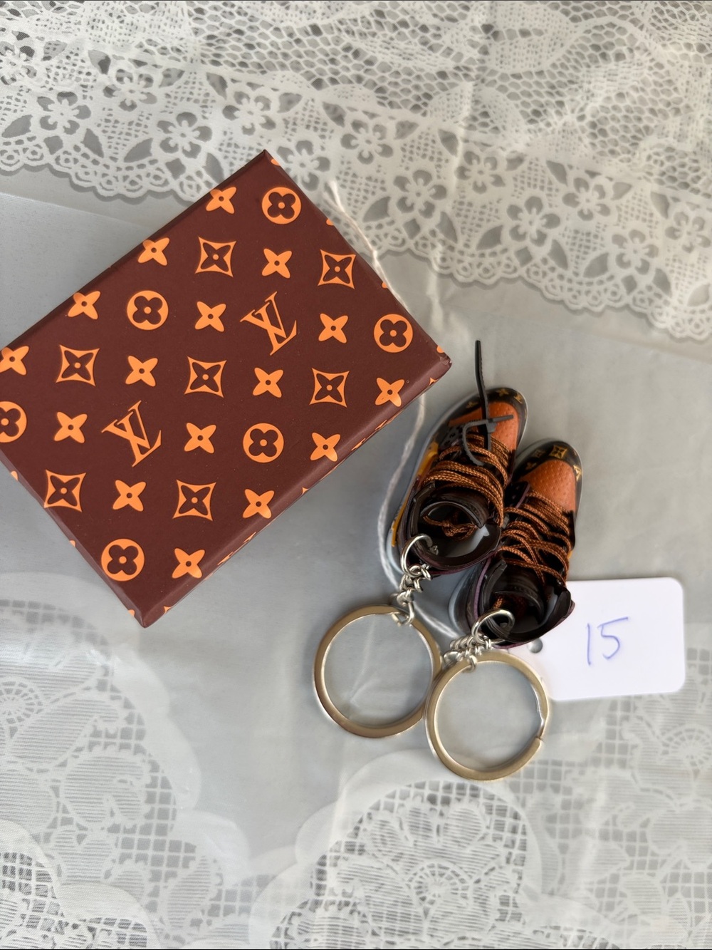 15,One Pair of Louis Vuitton Logo Brown & Orange Monogram Mini Sneaker Keychain - Picture 3 of 8